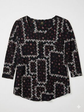 JM Collection Black Scoop Neck Long Sleeve Printed Top